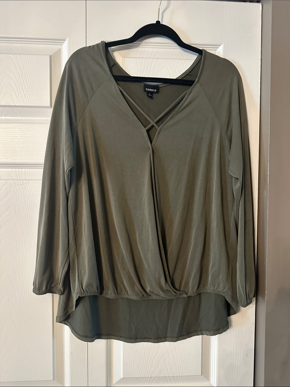 torrid Olive Crisscross V-Neck High-Low Blouse